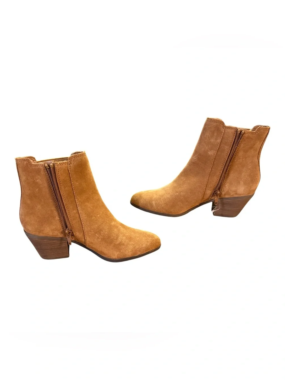 Frye Sandra Suede Chelsea Ankle Boots Cognac Brown Stacked Block Heel Size 6.5